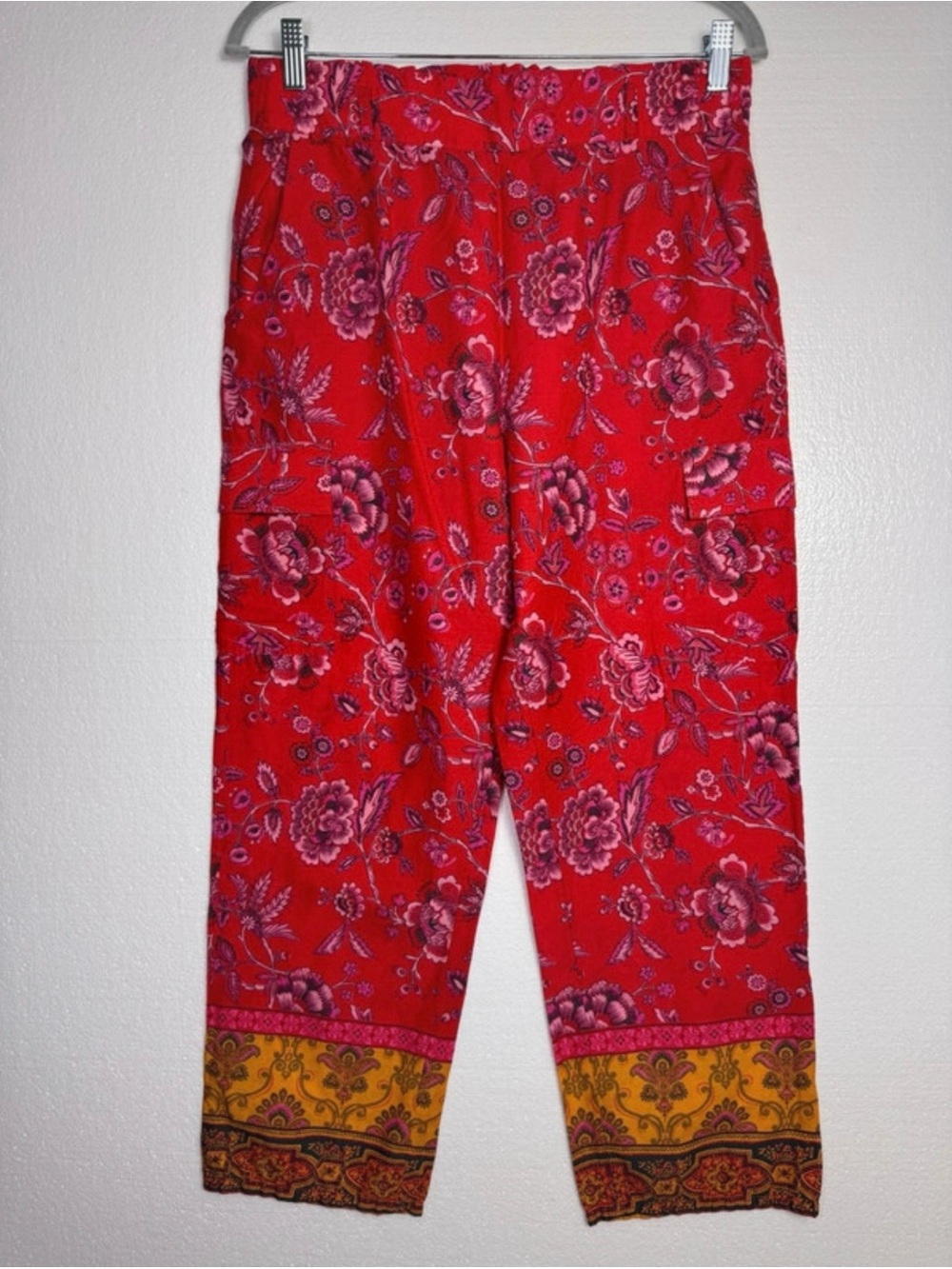 Sundance Size S Red Floral Border Print Wide Leg Pants Boho Cotton Rayon